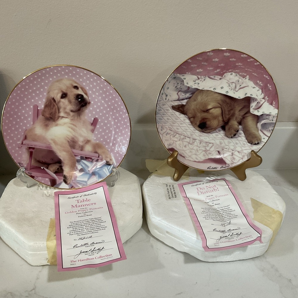 VTG Golden Puppies Collector Plate Dog Portrait Decorative Wall Plate Gold Rim